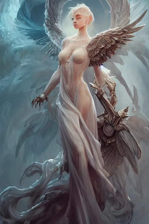 Image similar to full body portrait of a girl angel, wings, d & d, fantasy, intricate, elegant, highly detailed, digital painting, artstation, concept art, smooth, sharp focus, illustration, art by artgerm and greg rutkowski and peter mohrbacher & greg rutkowski & alexandros pyromallis & nekro & rene maritte