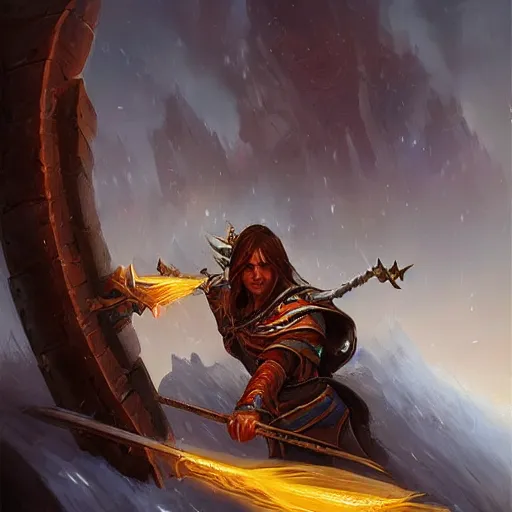 Image similar to magical longbow, magical longbow, magical longbow, magical longbow, arrowed longbow, magical longbow, warcraft blizzard weapon art, weapon art masterpiece artstation. fantasy digital art, fantasy style art, fantasy hearthstone art style, fantasy game art by greg rutkowski, fantasy rpg weapon art