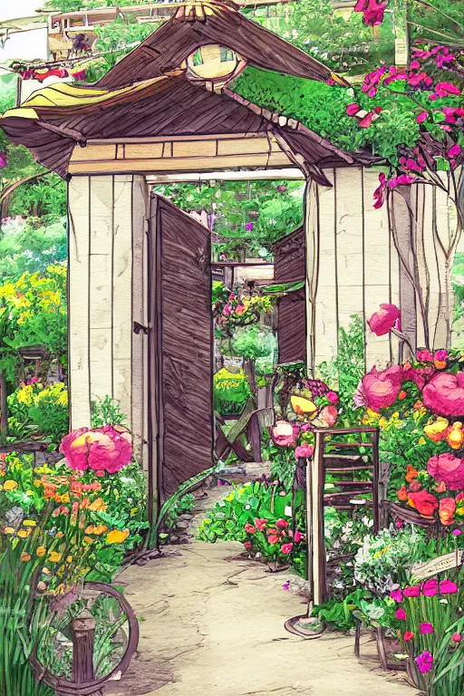 Prompt: a little flower shop's front gate, nostalgic, refreshing, digital illustration, pixiv