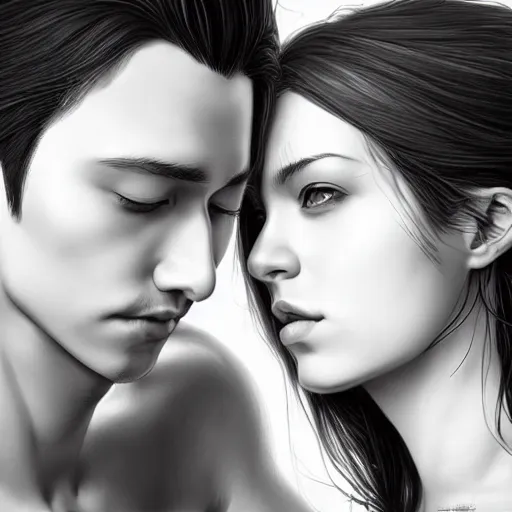Prompt: perfectly centered symmetrical split male and female portrait of man and woman in love sharing one heart ; art by artgerm, photorealistic, highly detailed ; trending on artstation