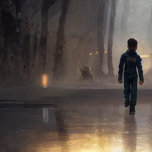 Prompt: A boy holding hands with a cyborg, trending on art station, realistic science fiction by Greg Rutkowski