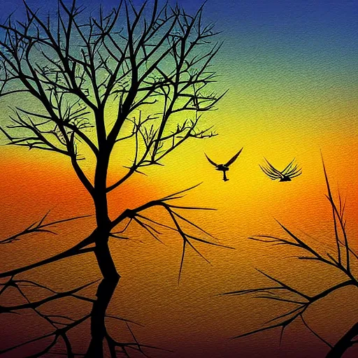 Image similar to birds on cherry tree, serene, graceful, sunset at golden hour, digital painting, Dada
