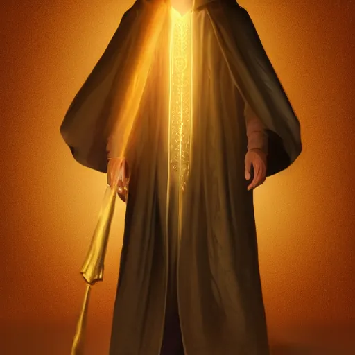 Image similar to a portrait of a man wearing a long dark cloak, hood and shadows covering face, holding golden chains, oil painting, Volumetric Golden dappled dynamic lighting, Highly Detailed, Cinematic Lighting, Unreal Engine, 8k, HD