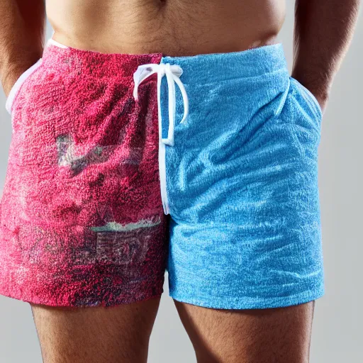 Image similar to fashion photo, shorts made from a towel, 8K product imagery, towel shorts