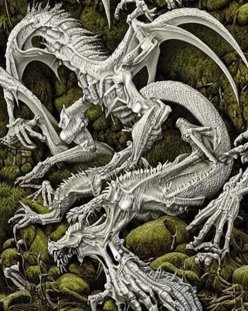 Image similar to white dragon skeleton covered in moss and flowers, intricate details, hyperrealistic, hr giger