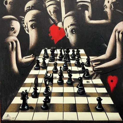 Prompt: chess alegory of rich against poor, marxism, by karol bak, banksy, simon bisley, guy denning, mimmo rotella, ravi zupa