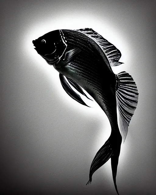 Image similar to black and white dreamy spiritual fish - cyborg high quality portrait photo, microchip leaves, artificial intelligence, cinematic, rim light, photo - realistic, elegant, high detail, 8 k, masterpiece, high fashion