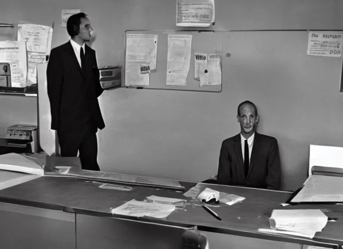 Prompt: an alien wearing a suit working a desk job at Area 51 in 1960s, archive photograph