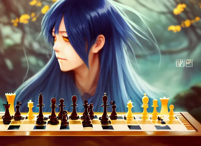 Image similar to beautiful rimuru playing chess, with amber eyes of golden colored eyes, straight hair, sky blue hair, long bangs, high collar, concept art, award winning photography, digital painting, cinematic, by wlop, anime key visual, wlop, 8 k, by ross tran, tom bagshaw, andy warhol