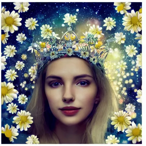 Image similar to close-up of a smiling beautiful female, blonde,, wearing a crown of daisies, beautiful happy face, ethereal, starry, space, magical atmosphere, maximalist, cinematic lighting, cinematic atmosphere, trending on artstation, cgsociety, 8k, high resolution, in the style of Faiza Maghni, David Ligare, Flora Borsi, Daniel Gerhartz,