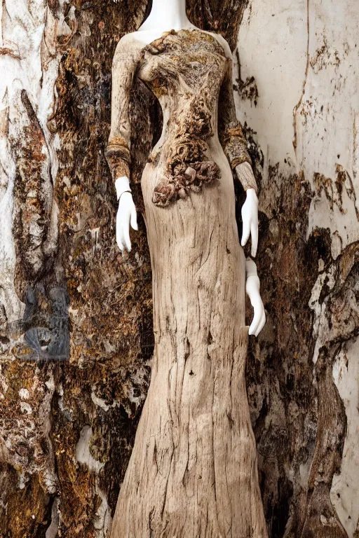 Image similar to A beautiful dress carved out of dead wood with lichen and mushrooms, on a mannequin. High quality, high resolution, studio lighting