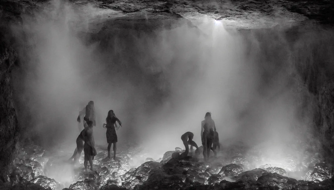 Image similar to Hundreds of ancient humans , emerging hands and beautiful women’s and men screaming laughing and crying faces , inside huge dark wet cave looking out with growing fungal mycelium biodiversity all round , deep boiling pools of water reflecting the surfaces around them spraying steam high into the air , dramatic dusk illuminates areas and cast strong shadows, volumetric light through the boiling mist ,detailed entangled fibres carpet the falling rocks , tree roots puncture and crack rocks , full colour in the style of Simon bisley , upscale , 8k