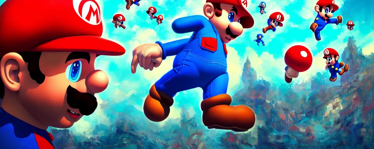 Image similar to duotone red blue illustration 3 / 4 portrait of realistic super mario is having psychedelic trip on magic mushrooms composition accidental renaissance golden ratio. by sachin teng and sergey kolesov and ruan jia and heng z. graffiti art, scifi, fantasy, hyper detailed. octane render. concept art. trending on artstation