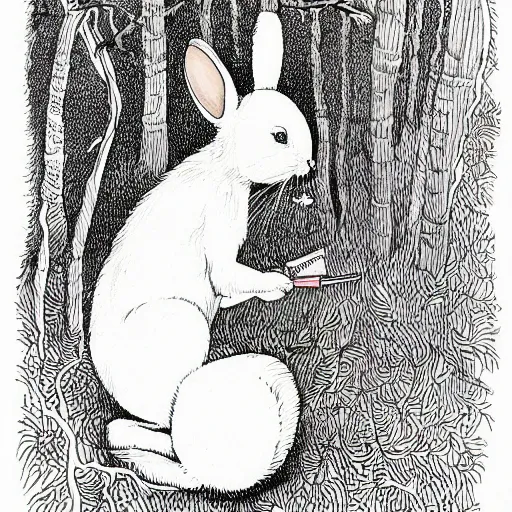 Image similar to precisely drawn, fine detailed, intense line work, drawing of a white bunny smoking a big cigarette in the deep tangled forest, by edward gorey, black ink on white paper