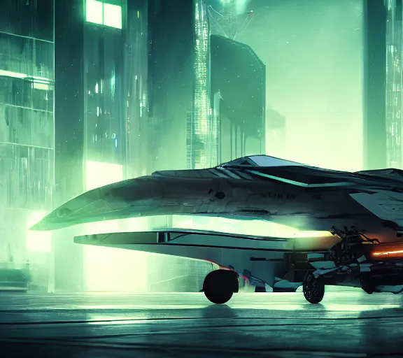 Prompt: futuristic sci fi fighter jet lands at runway of cyberpunk city, night photo ,dark cinematic lighting , digital concept art