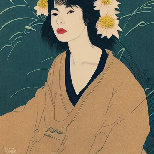 Image similar to “ lily collins portrait by ikenaga yasunari and ayana otake and ko rakusui, 6 0 s poster, drawing, realistic, sharp focus, japanese, dreamy, nostalgia, faded, golden hues, floral clothes, porcelain skin ”