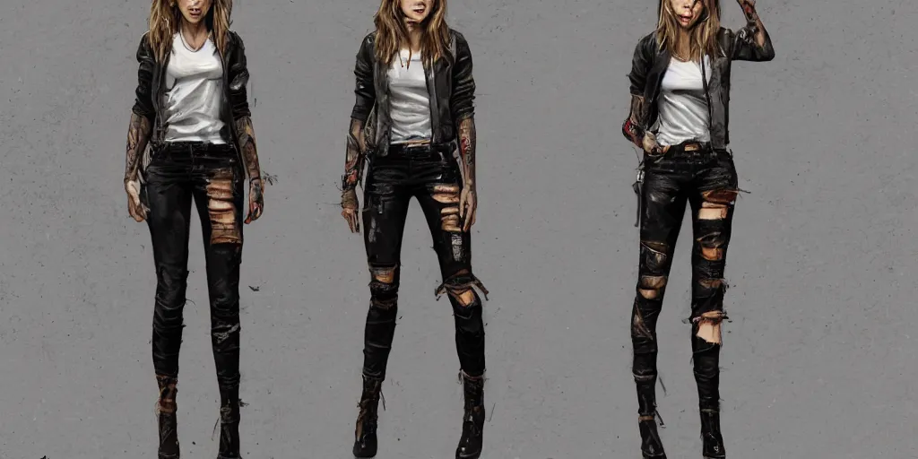 Image similar to full body portrait halston sage as a tattooed wanderer, wearing scratched and ripped short leather jeans, wearing an aviator jacket, character sheet, fine details, props, concept design, contrast, kim jung gi, greg rutkowski, trending on artstation, 8 k, full body, turnaround, front, back, ultra wide angle