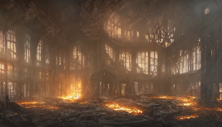Prompt: Digital painting of the interior of a burning huge destroyed English manor, hyperdetailed, artstation, cgsociety, 8k