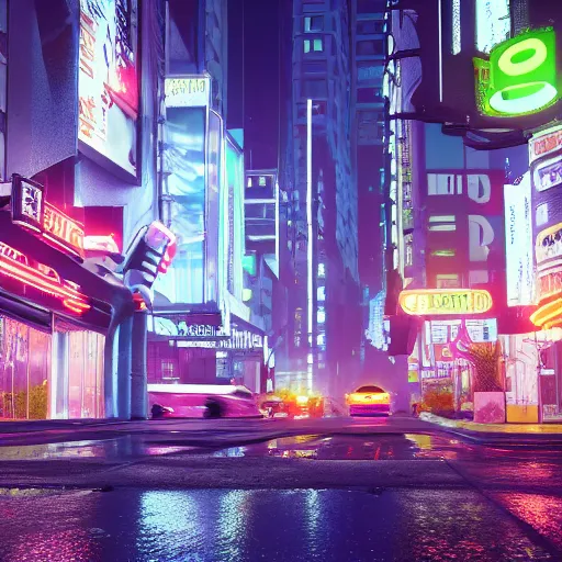 Image similar to 8 k hd detailed octane render of a cyberpunk noir city street in the rain