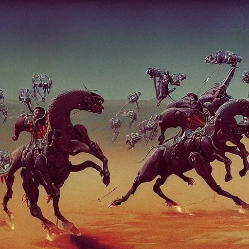 Prompt: carnivorous cyborg horses galloping across a blasted plain. c. leyendecker, simon stalenhag, studio ghibli, barlowe, audobon and beksinski