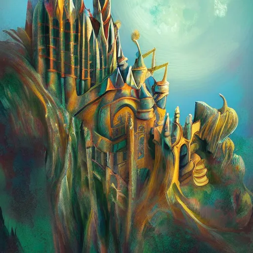 Prompt: cosmic palace sitting on a mountain in the sky by Antoni gaudi, digital painting, high resolution, artstation, cgrender, award-winning
