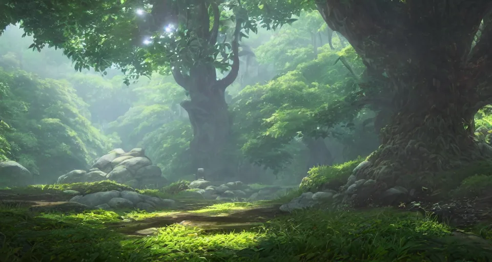 Image similar to Korok forest from the Legend of Zelda, Makoto Shinkai, Studio Ghibli style, Nintendo, environment concept, digital art, unreal engine, 3 point perspective, WLOP, trending on artstation, low level, 4K UHD image, octane render,