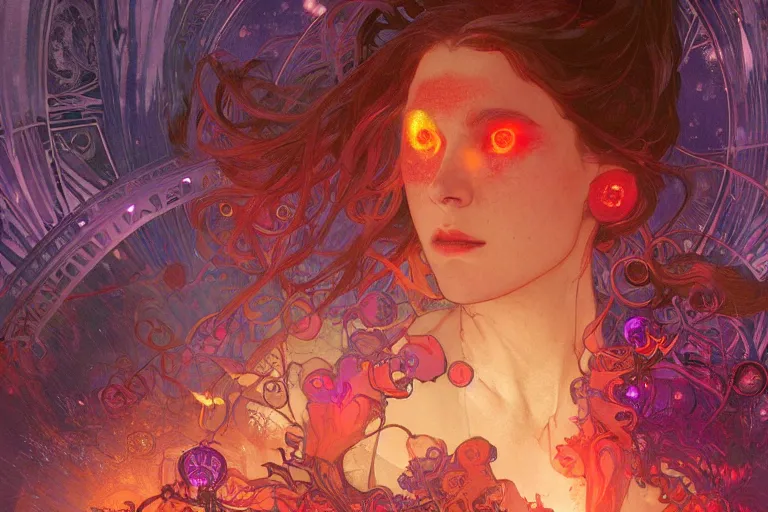 Image similar to she walks between arcs of purple flame intertwined with glowing sparks, glinting particles of ice, dramatic lighting, steampunk, bright neon, secret holographic cyphers, red flowers, solar flares, intricate art by alphonse mucha and greg rutkowski and ruan jia