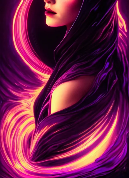 Image similar to side portrait, dark witch with black hood and evil eyes, realism, soft, smooth, luminescent, art nouveau tarot, backlit glow, colorful swirly ripples, gaudy colors, aesthetic octane render, unreal engine, 8 k, by artgerm, greg rutkowski, alphonse mucha