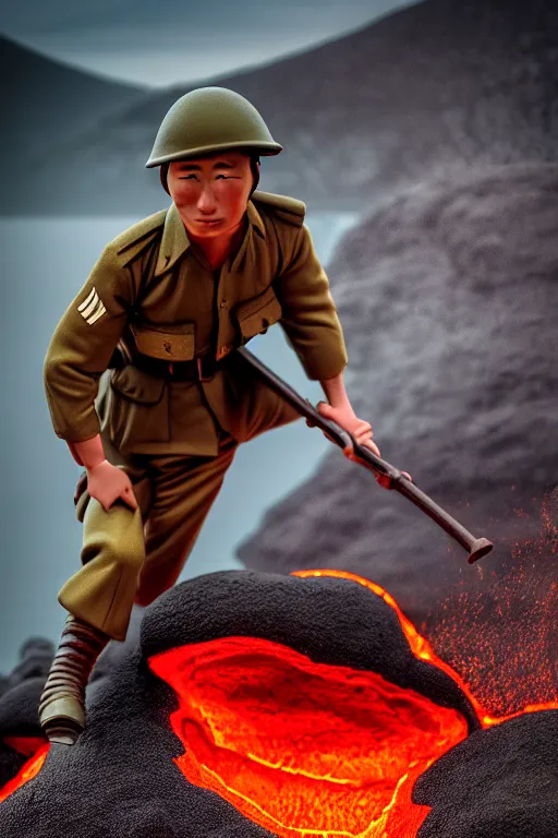 Image similar to japan world war soldier swimming on lava mountain, photorealistic, smooth, aesthetic lighting, baroque object, hyperdetailed, pullitzer winning, photo by : canon eos 5 d mark iv, versatile, lens interoperability, autofocus, 4 k uhd video capture at 3 0 fps, 8 k time - lapse functions, by karah mew and adnan abidi