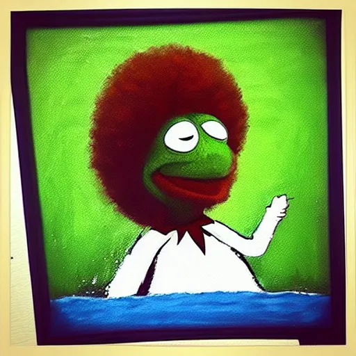 Prompt: “a bob ross style painting of kermit falling off a bridge”