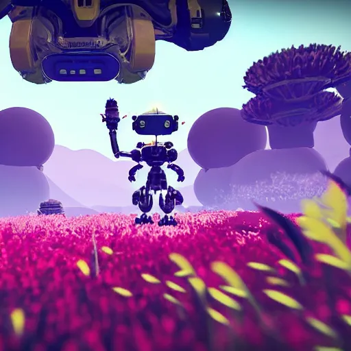 Prompt: floating robot sentinel enjoying picking up flower on alien planet in no man's sky