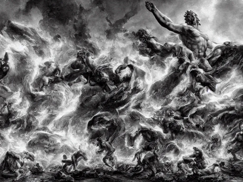 Prompt: giant greek statues attacking a city, city destruction ruins, debris flying around, swirls of fire