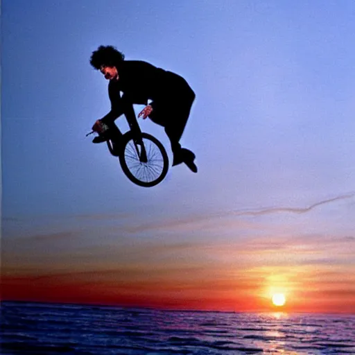 Prompt: bob dylan riding a unicycle over the ocean into the sunset, gorgeous photograph, very detailed, emotional