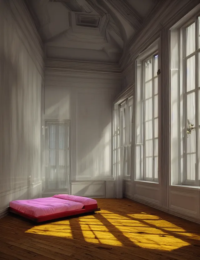 Prompt: dreamlike photo of floating bed in a giant room with bright windows opening to other dimensions bright color by andrzej sykut by lee madgewick, photorealistic, folded geometry, octane render, recursive, high contrast, pretty color, multiverse!!!!!!, labyrinthine, optical illusion, impossible angles