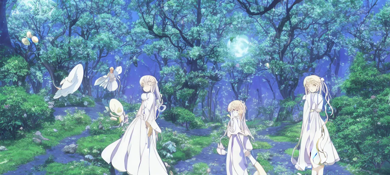 Image similar to illyasviel walking through enchanted ghibli clover | Big Moon at Blue Night | Trees with white flowers | bioluminescent blue FLOWERS | strong blue rimlit | visual-key | anime illustration | highly detailed High resolution | Light Novel | Visual Novel | In the style of Miyama-Zero, Yuuki Hagure