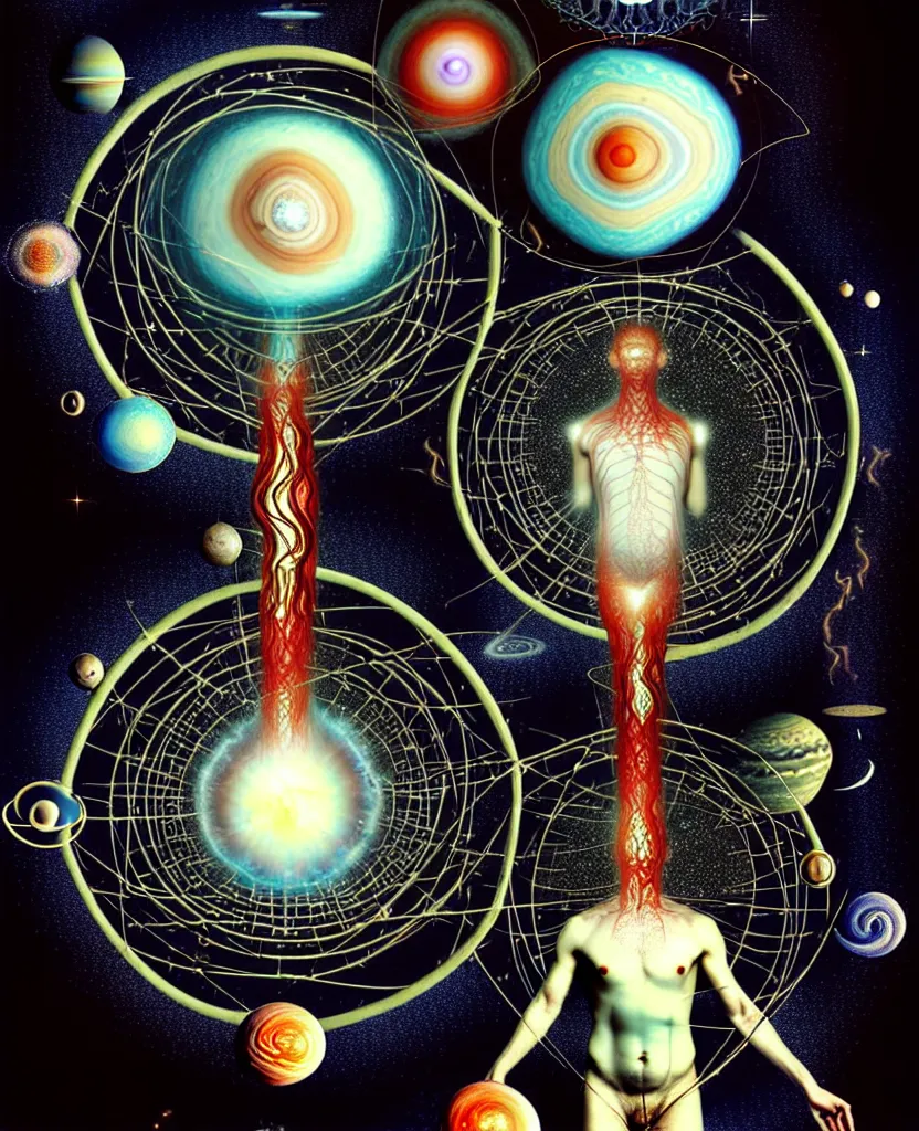 Image similar to inside the universe of a human body soul, whimsical uncanny creature alchemizes unique canto about'as above so below'being ignited by the spirit of haeckel and robert fludd, breakthrough is iminent, glory be to the magic within, to honor jupiter, surreal collage by ronny khalil