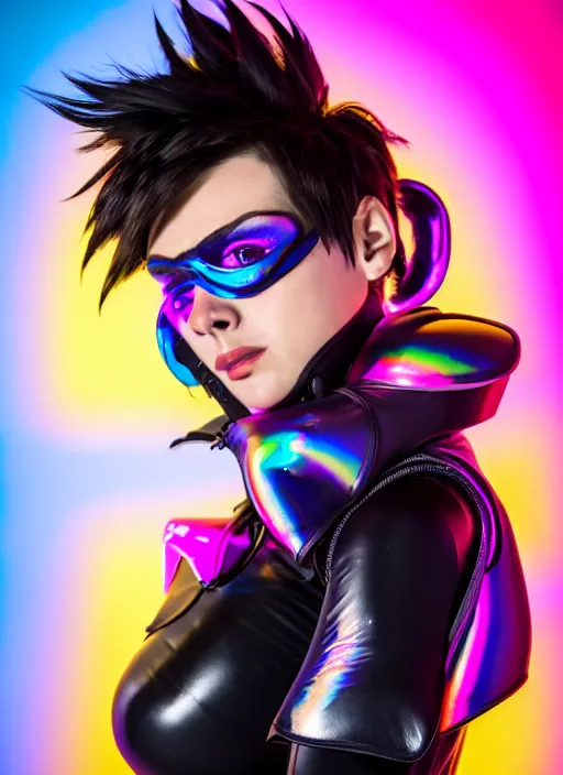 Prompt: hyperrealistic style portrait of tracer overwatch, confident pose, wearing black iridescent rainbow latex, rainbow, neon, 4 k, expressive surprised expression, makeup, wearing detailed black leather collar, wearing sleek armor, studio lighting, black leather harness, expressive detailed face and eyes,