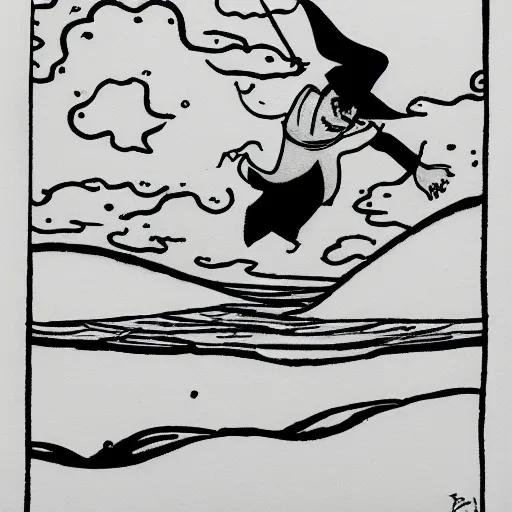 Image similar to minimalistic neat ink drawing of cartoon wizard falling above the sea, by Bill Waterson, by Rutkowsky,