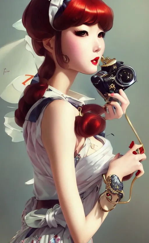 Image similar to a pin up and beautiful fashion and charming and dreamlke japan girl with lv jewelry, character art, art by artgerm lau and kyoung hwan kim and and ilya kuvshinov and john singer sargent, hyperdetailed, 8 k realistic, symmetrical, frostbite 3 engine, cryengine, dof, trending on artstation, digital art