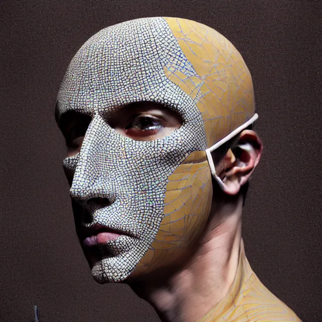 Prompt: a beautiful portrait of a man wearing a mask made of porcelain tiles in abstract geometric patterns, hyper realism, neural pointillism, octane, cgsociety, 8 k
