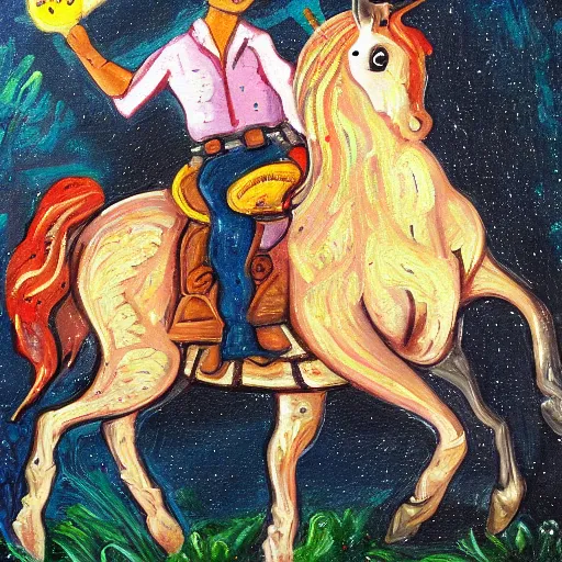 Image similar to a painting of a cowboy riding a unicorn.