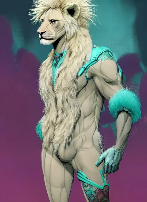 Image similar to aesthetic portrait commission of a of a male fully furry muscular anthro albino lion with a tail and a beautiful attractive hyperdetailed face wearing stylish and creative mint outfit made out of silk in a sci - fi dystopian city at golden hour while it storms in the background. character design by dayer, diego 5, detailed, inked, western comic book art, award winning film poster painting