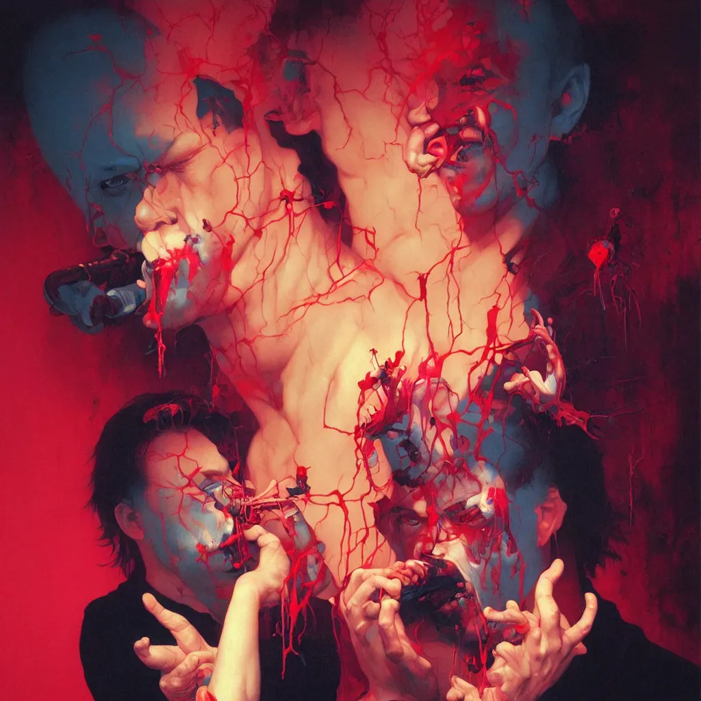 Image similar to weird and disturbing portrait of mike patton puking blood, vivid colors, death, neon, art by ( ( ( kuvshinov ilya ) ) ) and wayne barlowe and francis bacon and artgerm and wlop and william - adolphe bouguereau