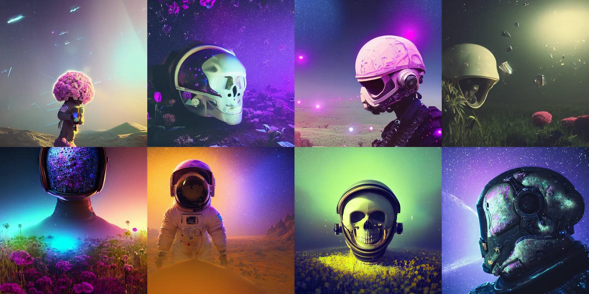 Prompt: beautiful dark landscape, astronaut cracked helmet skull head, beautiful flowers and crystals growing, in the style of beeple and mike winkelmann, intricate, epic lighting, cinematic composition, hyper realistic, 8 k resolution, unreal engine 5, raytracing, ultraviolet colors,