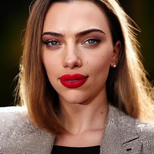 Image similar to a woman who is a genetic combination of kim kardashian and kat dennings and scarlett johansson and margot robbie and emma watson, face and upper - body focus, detailed eyes