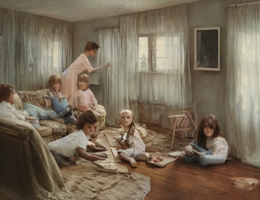 Image similar to kids watching old tv in country house, cottage core, cinematic focus, polaroid photo bleached vintage pastel colors high - key lighting, soft lights, foggy, by steve hanks, by lisa yuskavage, by serov valentin, by tarkovsky, 8 k render, detailed, oil on canvas