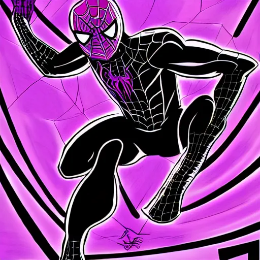 Image similar to black and purple spiderman drawn in comic book art style by steve ditko, 4 k digital art