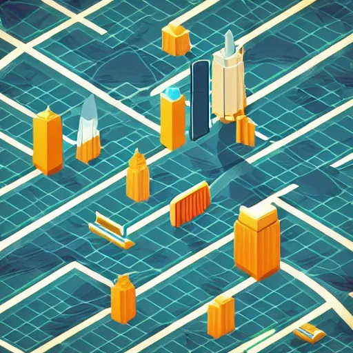 Prompt: isometric photo of a futuristic art deco city, realistic style, bold colors, at golden hour