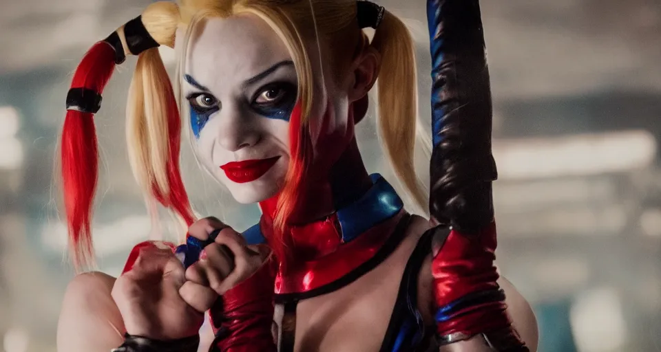 Image similar to real-life Harley Quinn, cinematic, Wide-shot, atmospheric lighting, directed by Quentin Tarantino, extreme detail, 8K, movie still