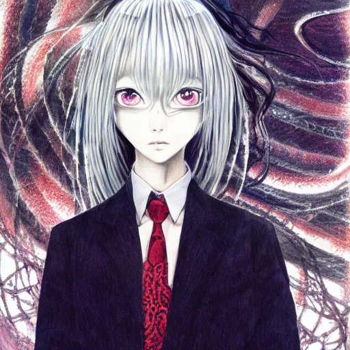 Image similar to yoshitaka amano realistic illustration of a manga girl with black eyes and long wavy white hair wearing dress suit with tie and surrounded by abstract junji ito style patterns in the background, blurry and dreamy illustration, noisy film grain effect, highly detailed, oil painting with expressive brush strokes, weird portrait angle